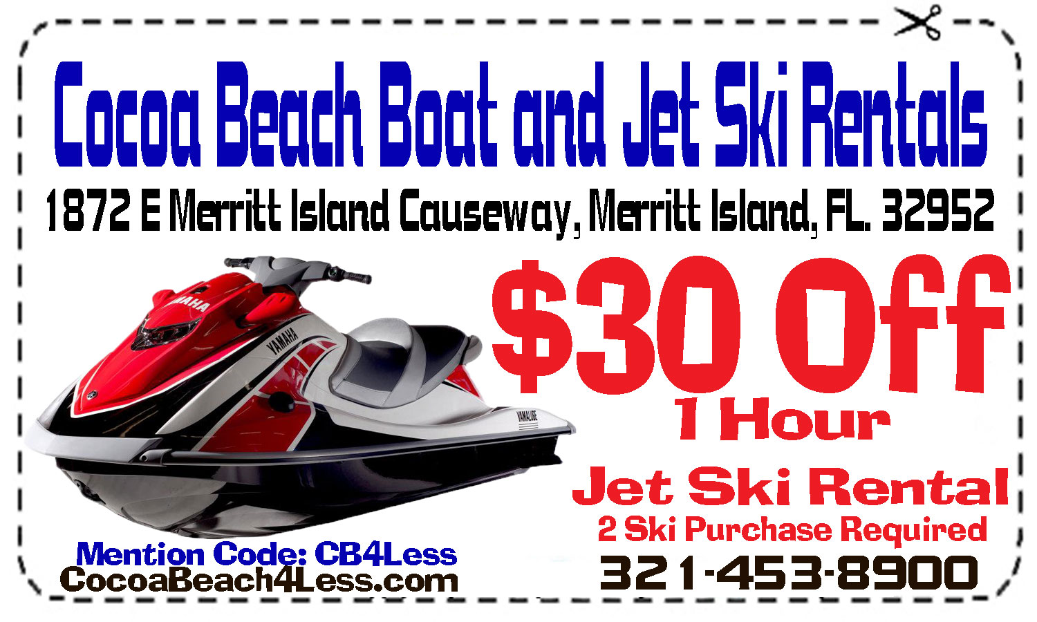 Cocoa Beach Jet Ski Rentals - Cocoa Beach Jet Ski Rental Coupon –  $30 Jet Ski Rentals for 2 $30 coupon